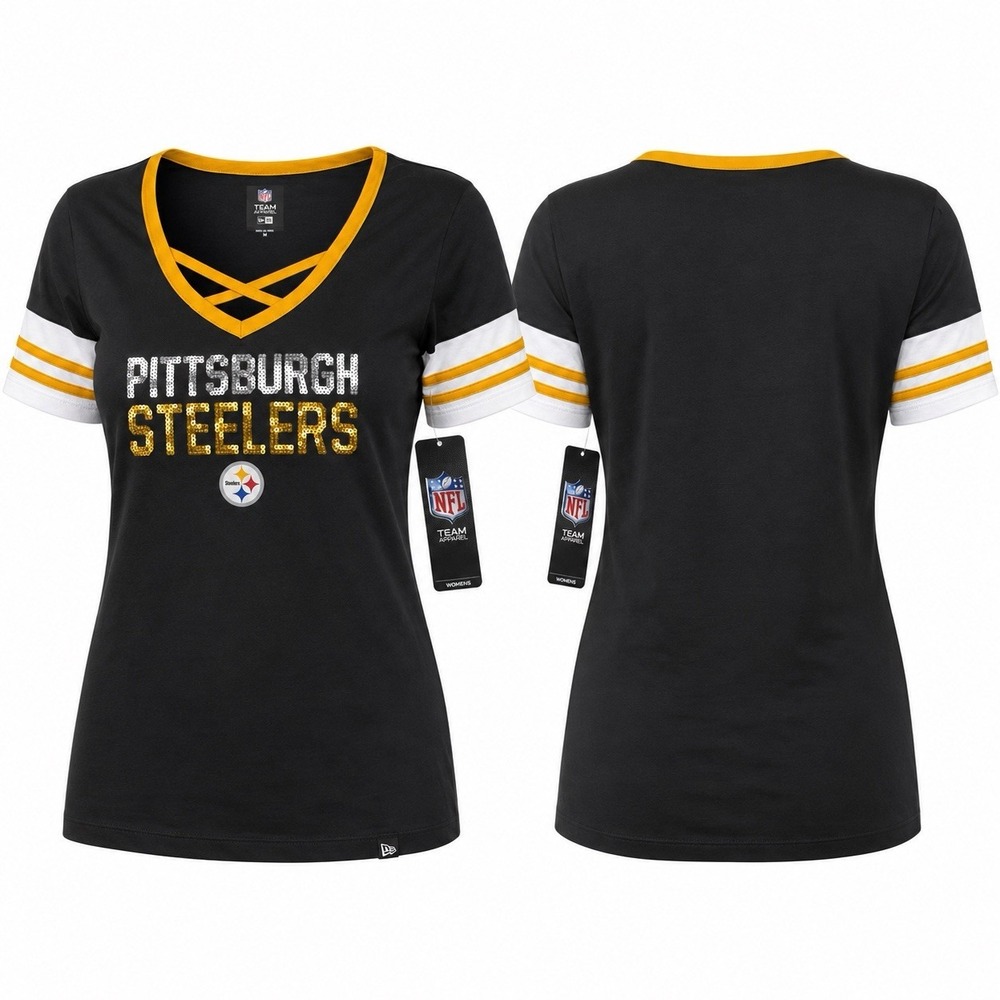 Pittsburgh Steelers New Era Sequin Cross Neck Shirt Women Medium 191539 NEW